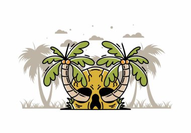 illustration badge design of two coconut trees growing on a skull