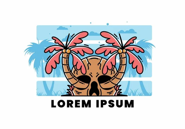 illustration badge design of two coconut trees growing on a skull