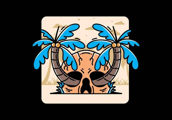 Illustration Badge Design Two Coconut Trees Growing Skull — Vetor de Stock