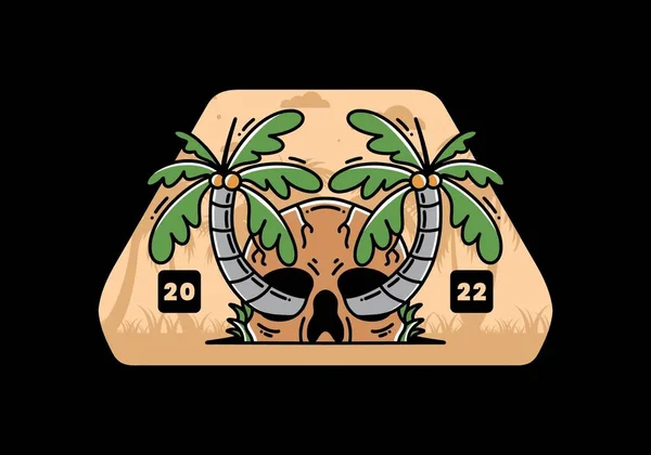 Illustration Badge Design Two Coconut Trees Growing Skull — Archivo Imágenes Vectoriales