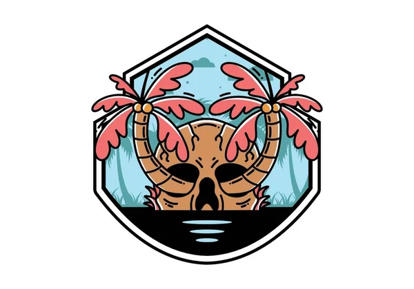 Illustration Badge Design Two Coconut Trees Growing Skull — Vettoriale Stock