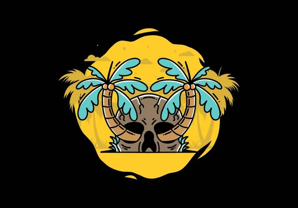 Illustration Badge Design Two Coconut Trees Growing Skull — 스톡 벡터