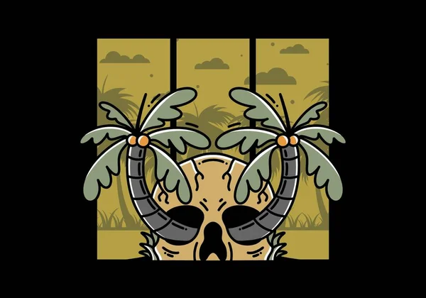Illustration Badge Design Two Coconut Trees Growing Skull —  Vetores de Stock
