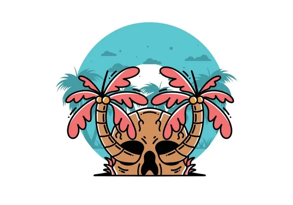 Illustration Badge Design Two Coconut Trees Growing Skull — ストックベクタ