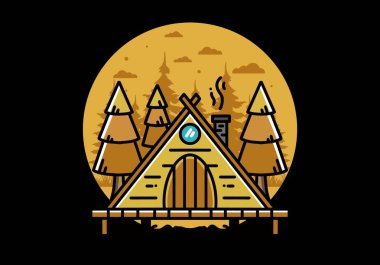 illustration design of a triangle wooden cabin between pine tress