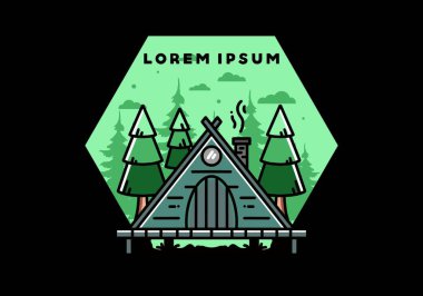 illustration design of a triangle wooden cabin between pine tress