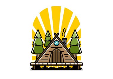 illustration design of a triangle wooden cabin between pine tress