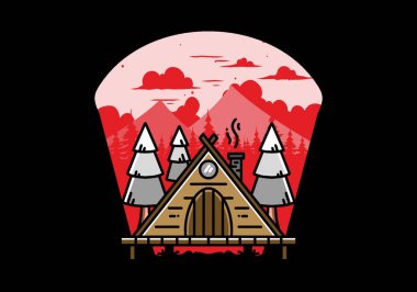 illustration design of a triangle wooden cabin between pine tress