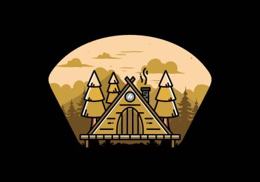 illustration design of a triangle wooden cabin between pine tress