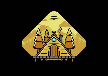 illustration design of a triangle wooden cabin between pine tress