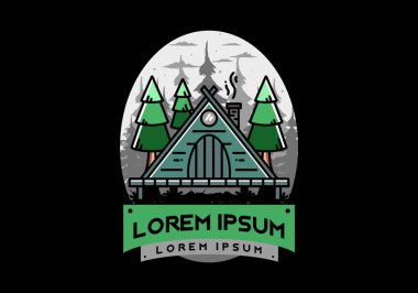 illustration design of a triangle wooden cabin between pine tress