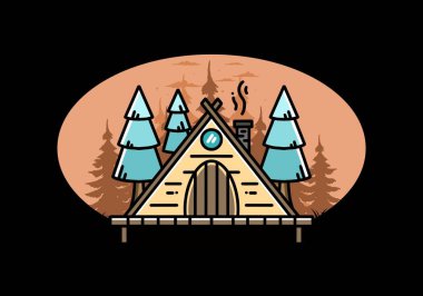 illustration design of a triangle wooden cabin between pine tress