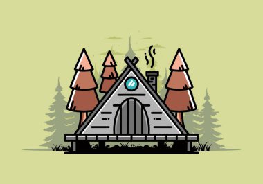 illustration design of a triangle wooden cabin between pine tress