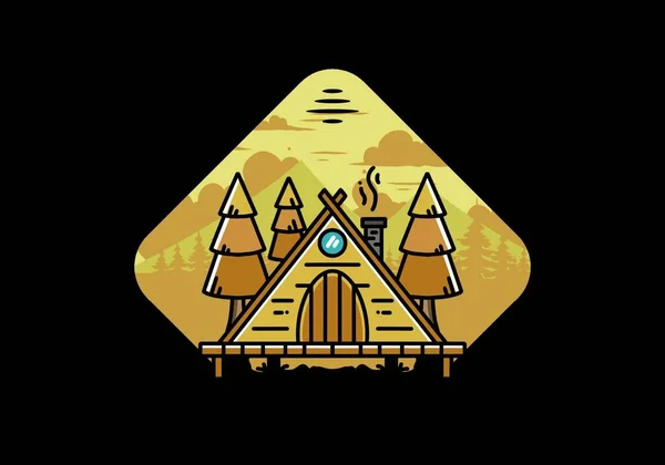 Illustration Design Triangle Wooden Cabin Pine Tress — Vetor de Stock