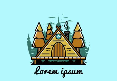 illustration design of a triangle wooden cabin between pine tress