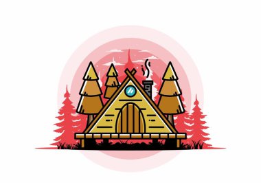 illustration design of a triangle wooden cabin between pine tress