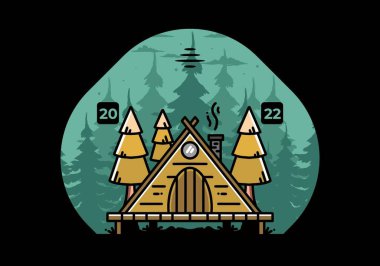 illustration design of a triangle wooden cabin between pine tress