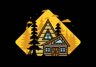 Illustration badge design of an aesthetic wood house between two pine trees