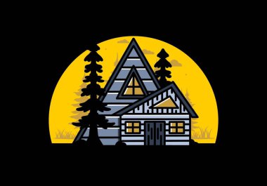 Illustration badge design of an aesthetic wood house between two pine trees