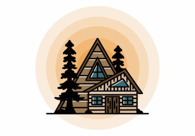 Illustration badge design of an aesthetic wood house between two pine trees