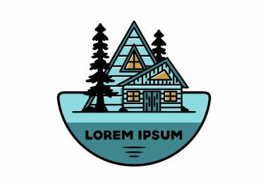 Illustration badge design of an aesthetic wood house between two pine trees