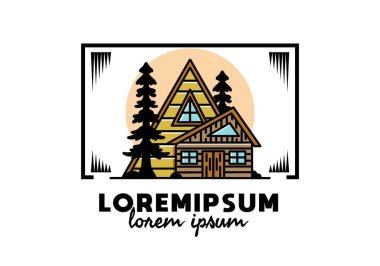 Illustration badge design of an aesthetic wood house between two pine trees
