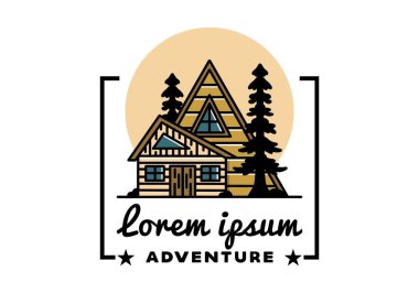 Illustration badge design of an aesthetic wood house between two pine trees