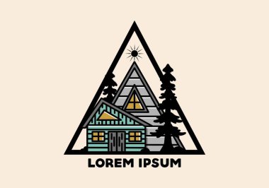 Illustration badge design of an aesthetic wood house between two pine trees