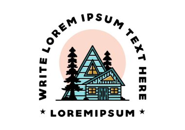 Illustration badge design of an aesthetic wood house between two pine trees