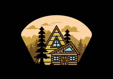 Illustration badge design of an aesthetic wood house between two pine trees
