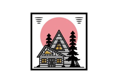 Illustration badge design of an aesthetic wood house between two pine trees