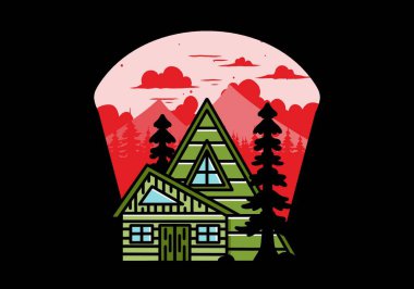 Illustration badge design of an aesthetic wood house between two pine trees