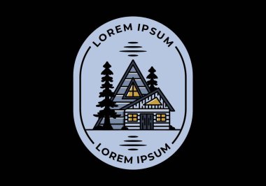 Illustration badge design of an aesthetic wood house between two pine trees