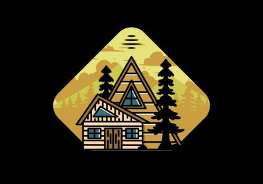 Illustration badge design of an aesthetic wood house between two pine trees