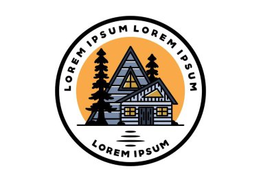 Illustration badge design of an aesthetic wood house between two pine trees