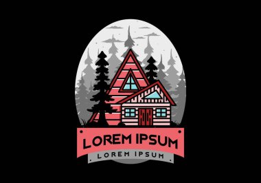Illustration badge design of an aesthetic wood house between two pine trees