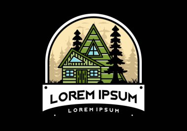Illustration badge design of an aesthetic wood house between two pine trees
