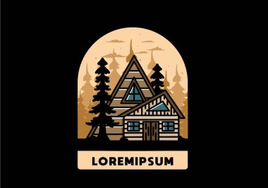 Illustration badge design of an aesthetic wood house between two pine trees