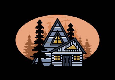 Illustration badge design of an aesthetic wood house between two pine trees