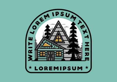 Illustration badge design of an aesthetic wood house between two pine trees