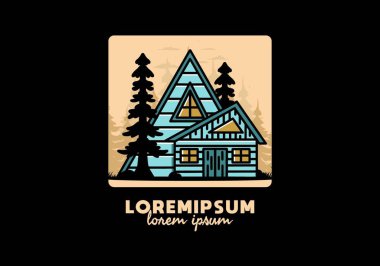 Illustration badge design of an aesthetic wood house between two pine trees