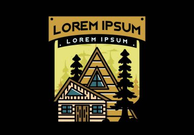 Illustration badge design of an aesthetic wood house between two pine trees
