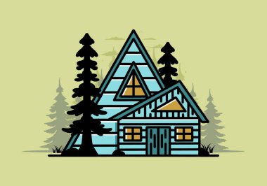 Illustration badge design of an aesthetic wood house between two pine trees