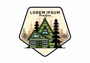 Illustration badge design of an aesthetic wood house between two pine trees