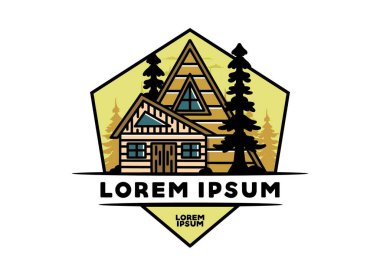 Illustration badge design of an aesthetic wood house between two pine trees
