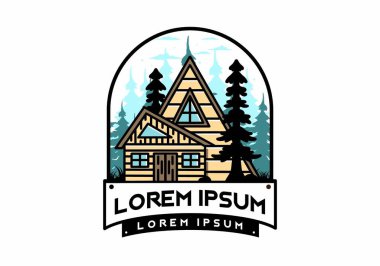 Illustration badge design of an aesthetic wood house between two pine trees