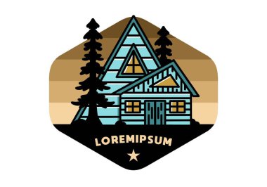 Illustration badge design of an aesthetic wood house between two pine trees