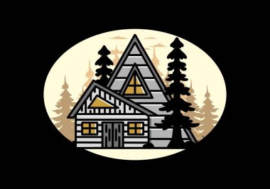 Illustration badge design of an aesthetic wood house between two pine trees