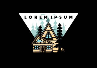 Illustration badge design of an aesthetic wood house between two pine trees