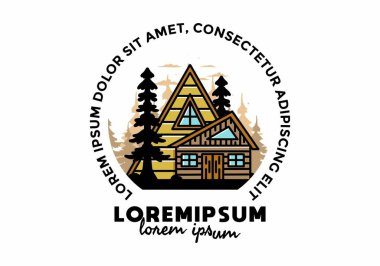 Illustration badge design of an aesthetic wood house between two pine trees